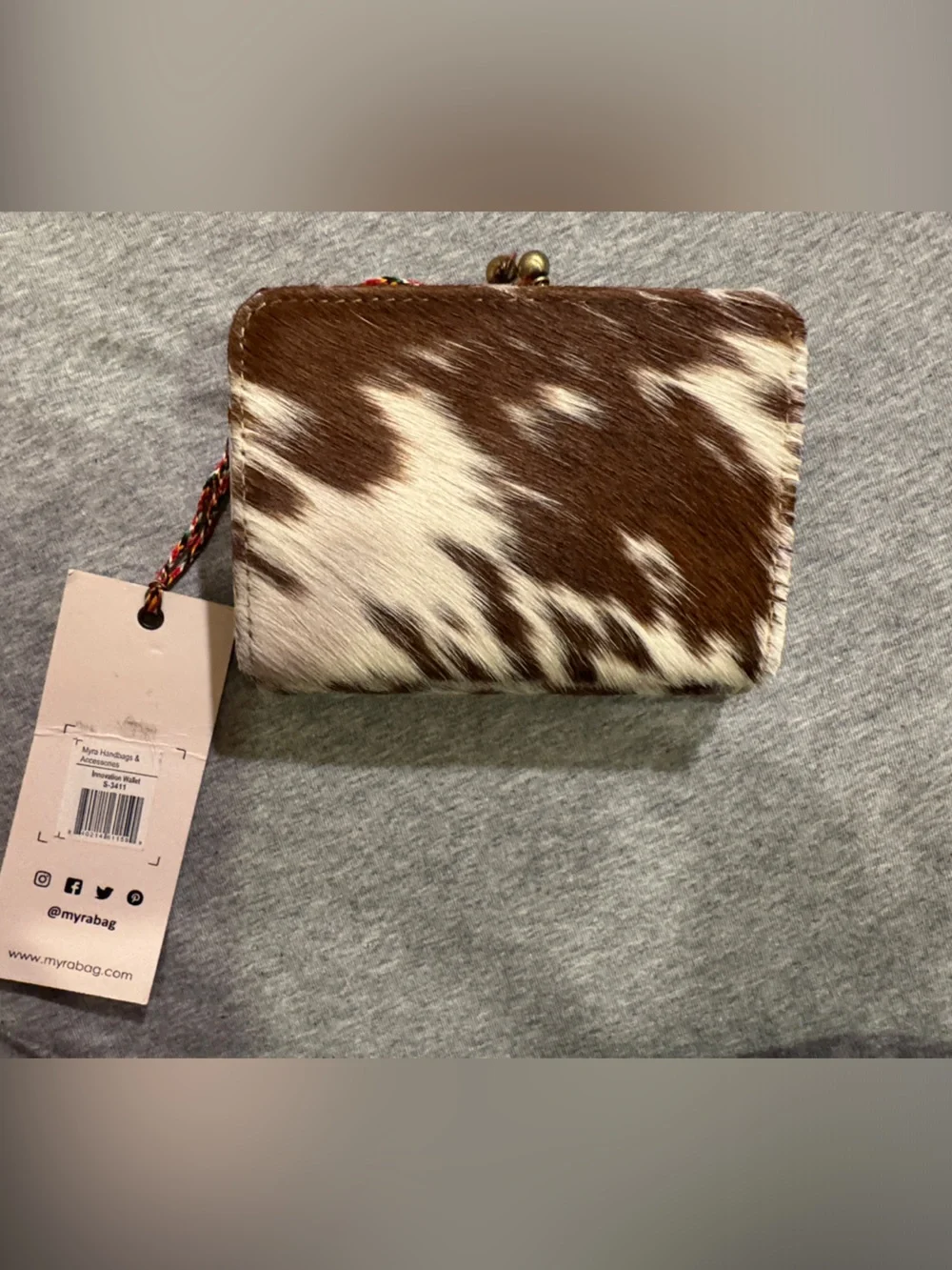 Myra Bag Brown & White Cowhide Wallet with Kiss-lock Closure. New with Tags